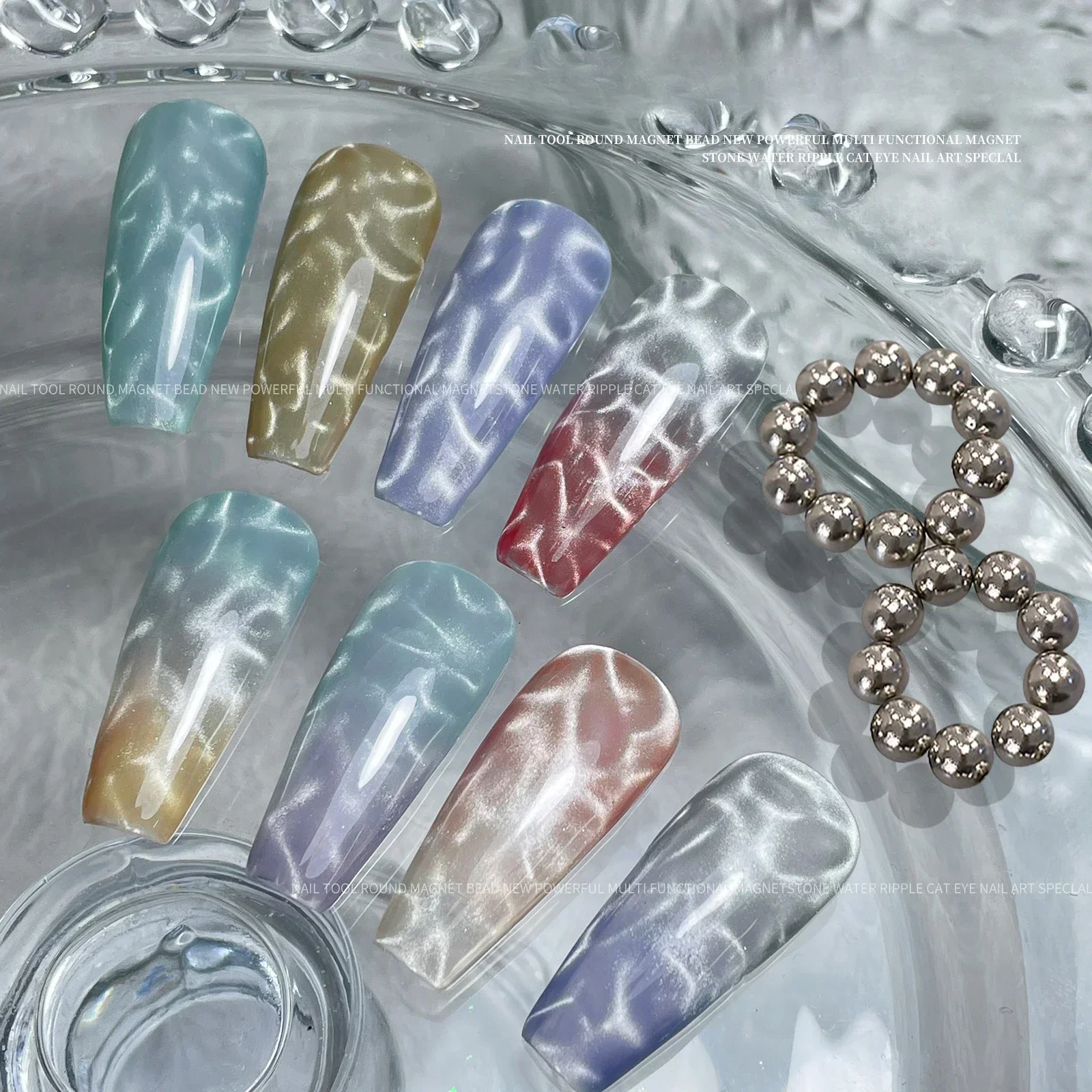 10pcs Magnet Cat's Eye Beads magnetic nail art tools cat eye nail tool magnetic nail tools 3D Flower Carving Round Water Ripple Line Cat's Eye Round Magnet Beads Nail Art Design Tools