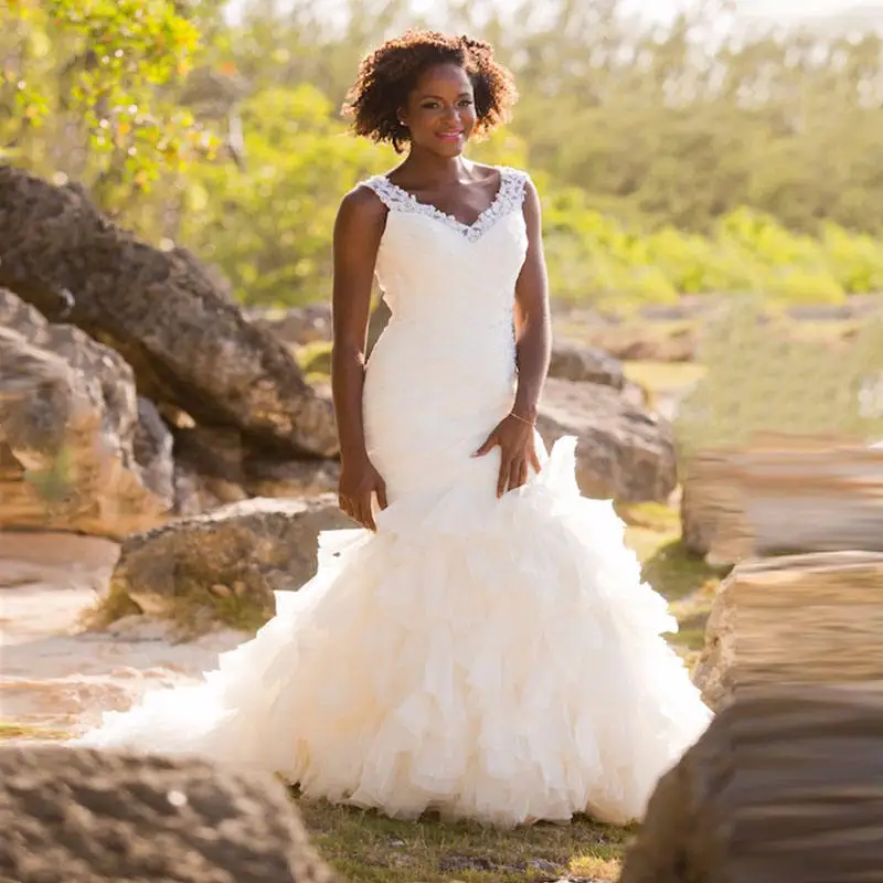 

V-Neck Lace Mermaid Wedding Dresses 2022 Sexy Ruffles Organza Wedding Gowns African Bridal Gown