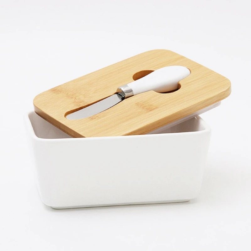 

Керамическая коробка для масла в скандинавском стиле, деревянная крышка с ножом, герметичная тарелка для масла, поднос для хранения сыра, столовая посуда для масла