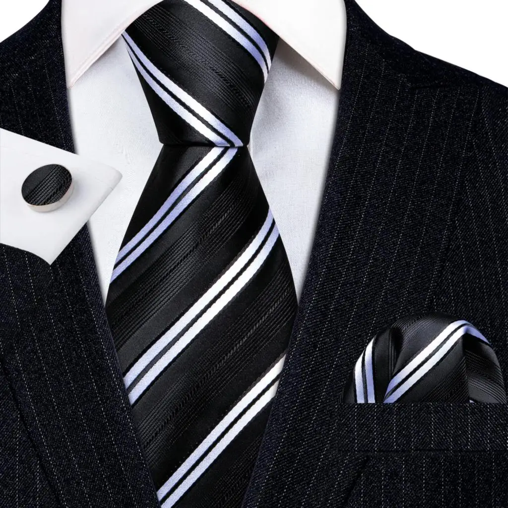 

Модные галстуки для мужчин Шелковый черный белый полосатый Синий Красный Золотой Фиолетовый Галстук платок Запонки набор свадебный Барри · Ван 6092