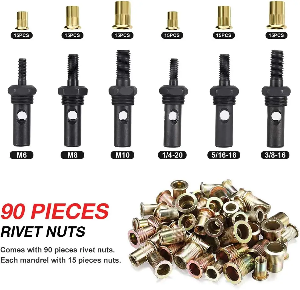 Rivet Nut Tool Professional Hand Rivet Nut Setter Kit 14" Labor-Saving and Compact Design Including 6 Interchangeable