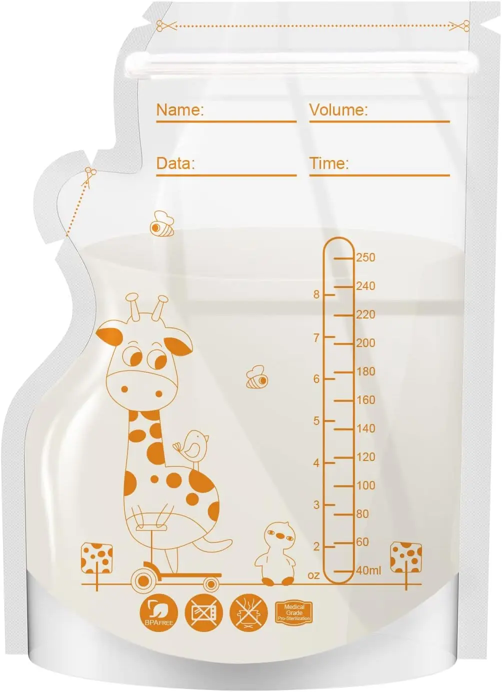 Baby Food Storage Containers Giraffe 100pcs Breastmilk Storage Bag Self Standing No Leak Milk Freezer Bags Safe Feed BPA Free