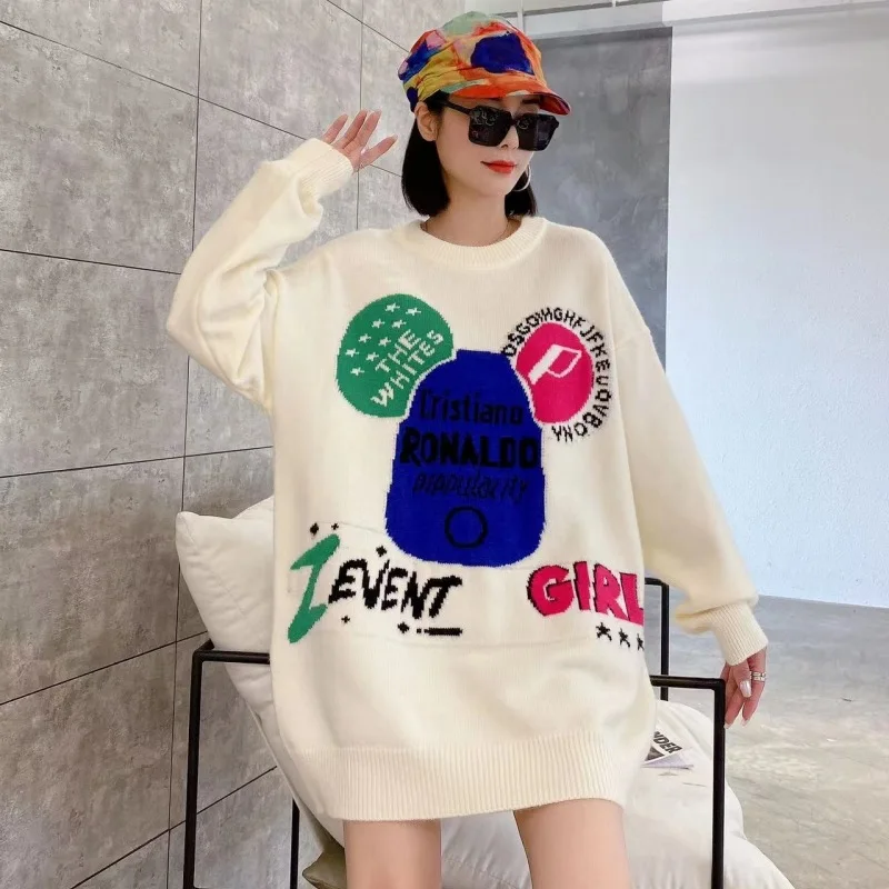 

Women's Loose Oversized Lazy Cartoon Printed Long Sweater Autumn Fashion Kawaii Long-sleeved Pullover Thickened Warm Sweater