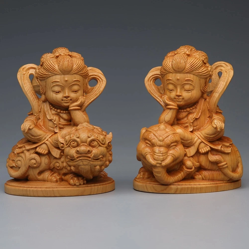 

Solid wood Samantabhadra, Manjushri Cartoon statue，Hand-carved Cute home living room bedroom feng shui furnishings 2-piece set