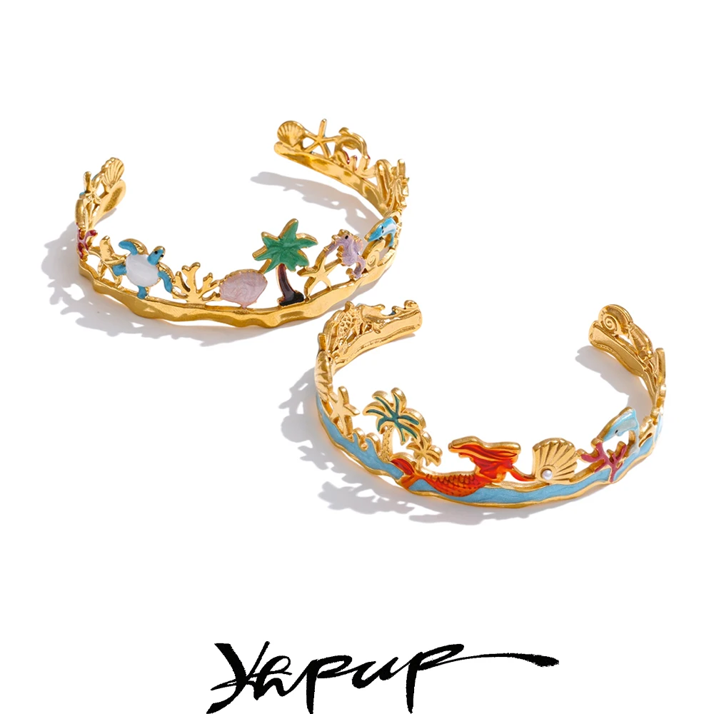 Yhpup Bangle Golden Stainless Steel Summer Stylish Jewelry