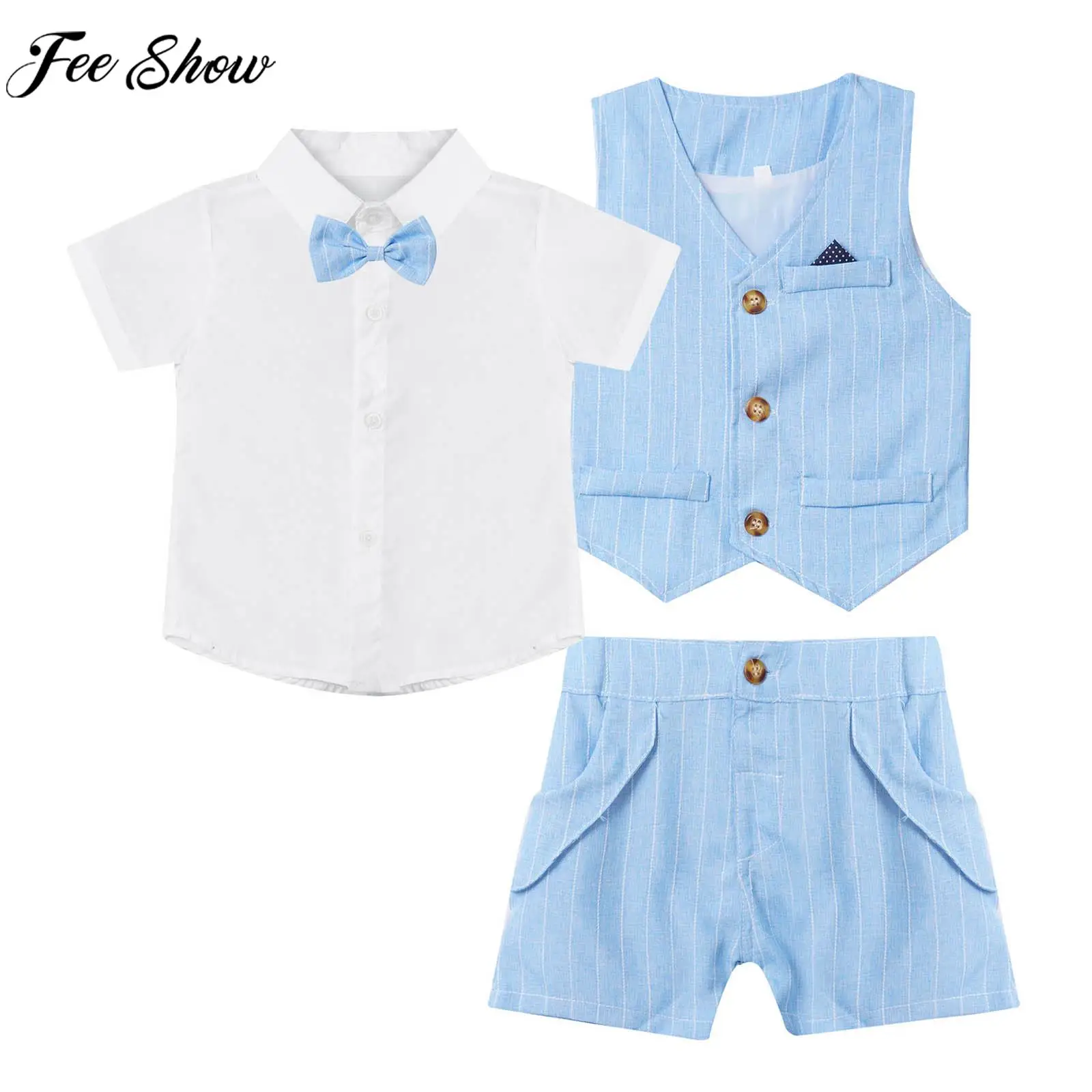 

Boys Baptism Costume Gentleman Suit Short Sleeve Lapel Bow Tie Shirt Vest Shorts Set Wedding Birthday Party Stage Formal Dress