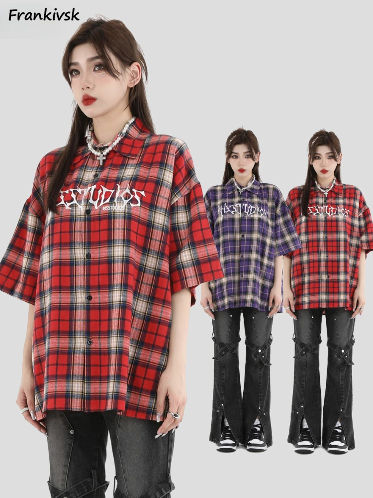 

Plaid Shirts Women Hip Hop All-match Chic Half Sleeve American Style Hipster Spicy Girls Youthful Popular Couple Clothing Summer