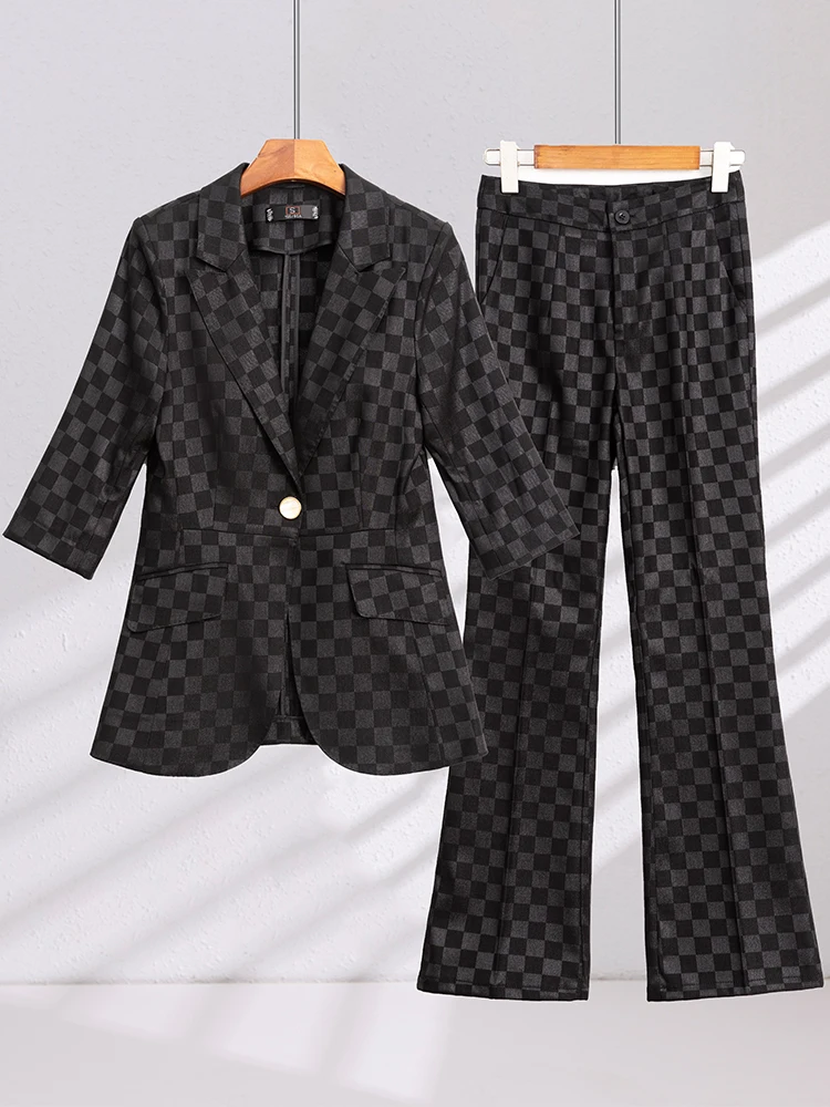 Spring Summer Blazer And Pant Suit Women Black Blue Apricot Plaid Female Business Work Wear Formal 2 Piece Set For Office Ladies