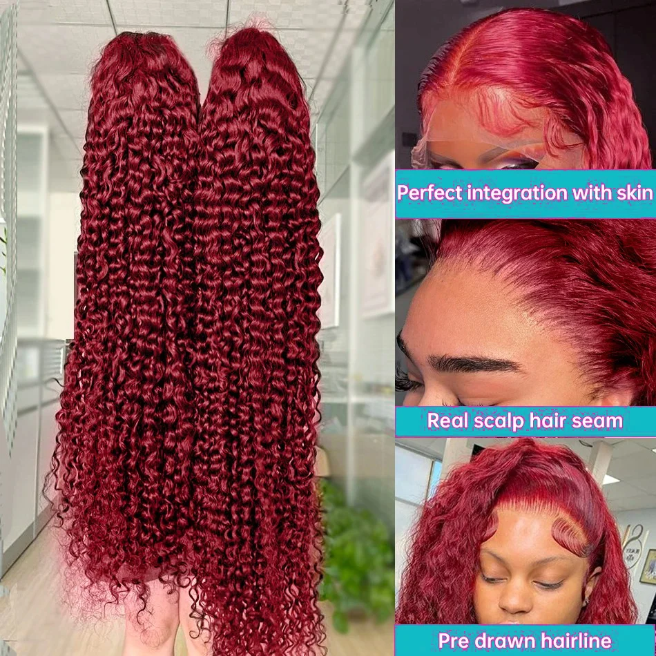 Human Hair Wig Lace Front Wig Human Hair Wigs Front Lace Wig 250 Density 30 40 Inch 99J Burgundy Deep Wave 13x4 13x6 Lace Frontal Red Curly For Women