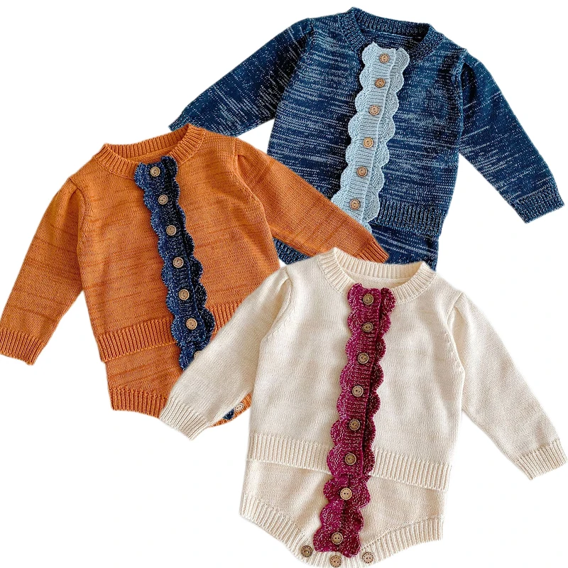 

2023 Infant Baby Girls Knitting Clothing Sets Long Sleeve Flower Cardigan Coat+Rompers Spring Autumn Toddler Girl Clothes Suit