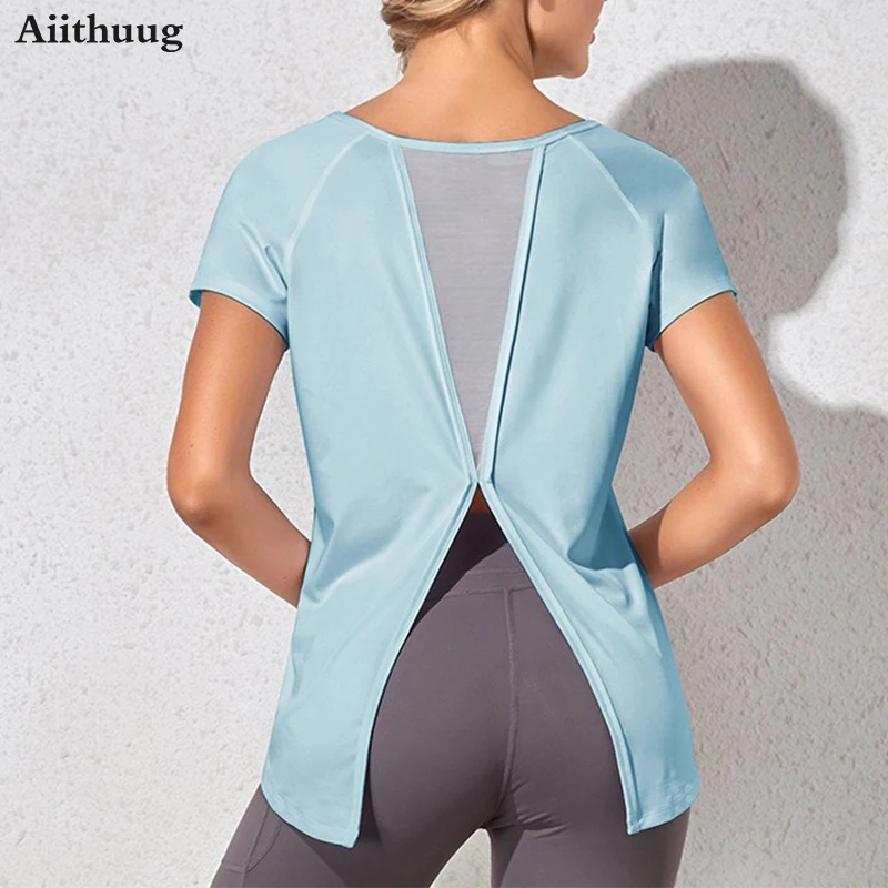 Aiithuug Round Neck Mesh Back Dovetail Split Beauty Back Yoga Tops Quick Dry Breathable Shirts Athletic Running Gym Short Tops