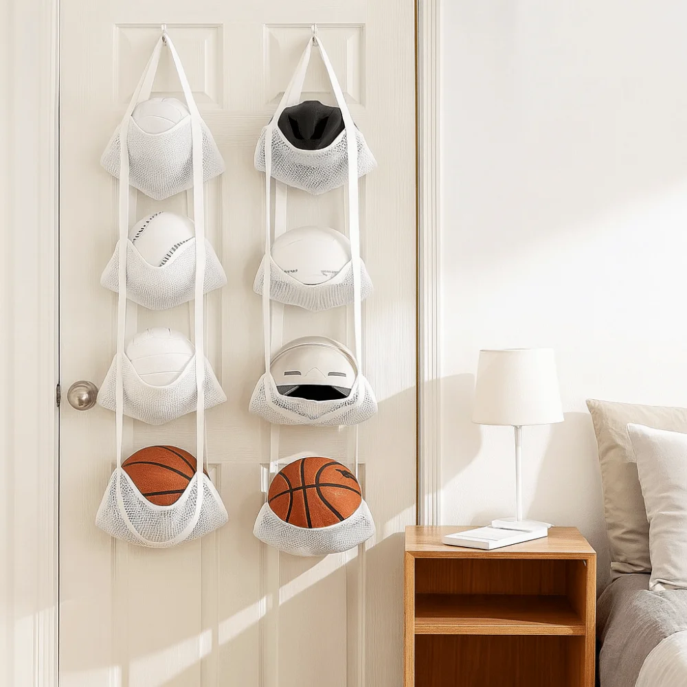 Wall Mounted Ball Storage Hanging Bag Large Capacity Folding Basketball Storage Bag Space Saving Sports Equipment Storage Rack