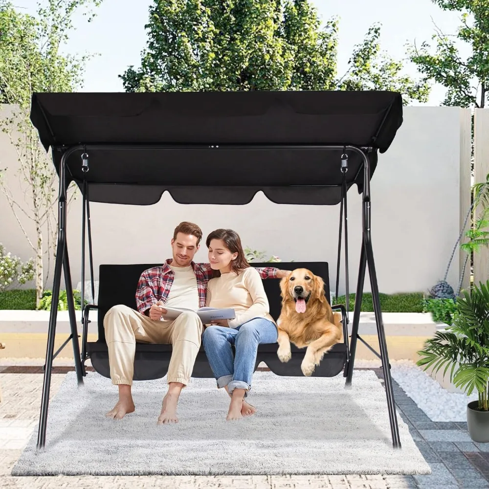 

3-Person Porch Swing Chair,Swing Chair with Adjustable Canopy Outdoor Swing with Steel Frame for Yard,Lawn,Garden,Pool(Black)