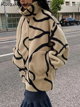 Kuzuwata Elegant Long Sleeve Turn-Down Collar Jacket Lambhair Two Pronged Fur Casual Soft Coat Japan Warm Moda Zip New Outwears 1