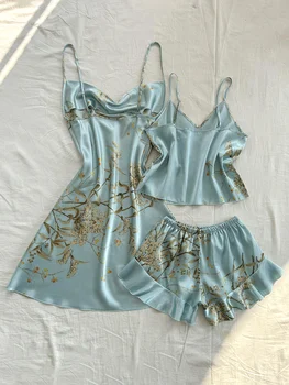 بيجامة نسائية جديدة من الساتان مطبوعة بشكل عشوائي بيجامة مريحة مثيرة مكونة من ثلاث قطع 2