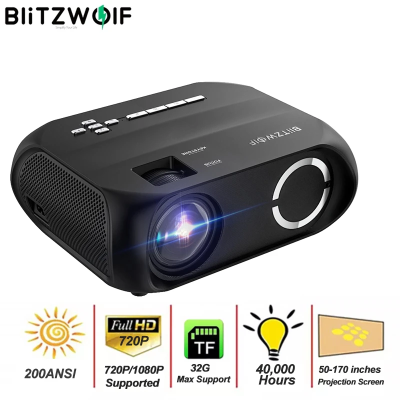 BlitzWolf BW-VP11 LCD LED HD Projector 1280x720P 200ANSI Home Cinema  Outdoor Movie Projectors Wireless Streaming Mini Projector