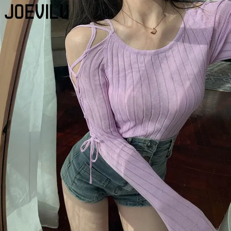 Bandage Long Sleeve Knitted Shirt Women's Off Shoulder Sexy Tops Slim Chic T-shirt Spring and Autumn Pullover Solid Y2k Sweater 5