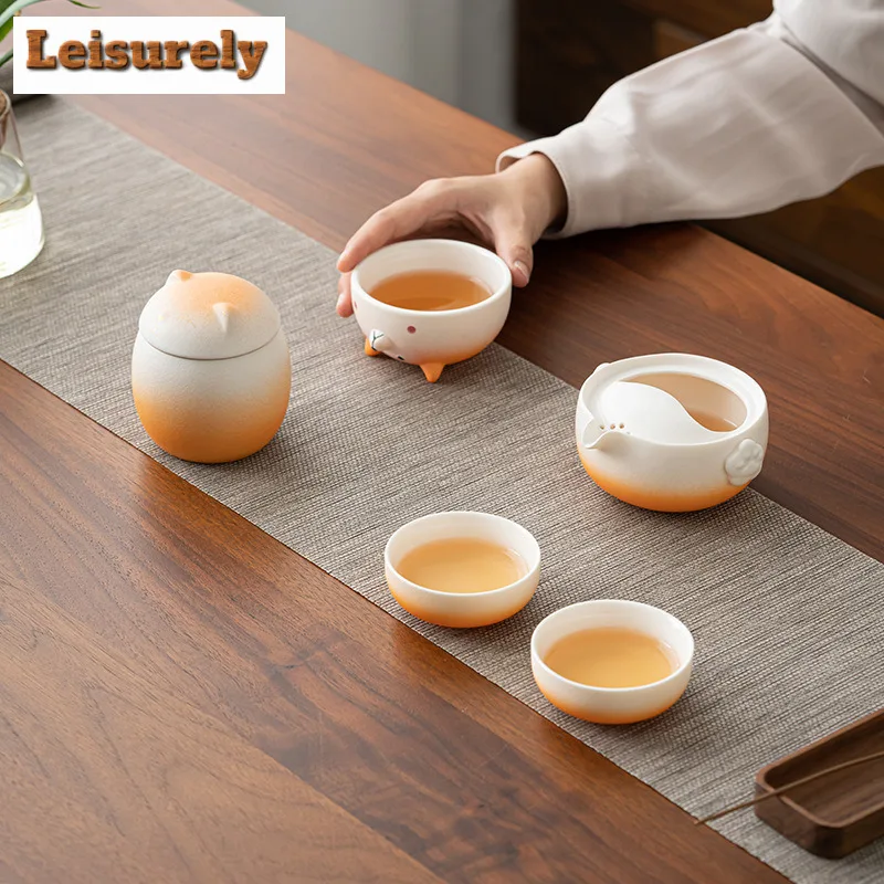 Shiba Inu Gradient Color Travel Tea Set Kit Handmade 1 Pot 3 Cups Tea Maker Organizer Portable Camping Tote Bag Decoration Craft