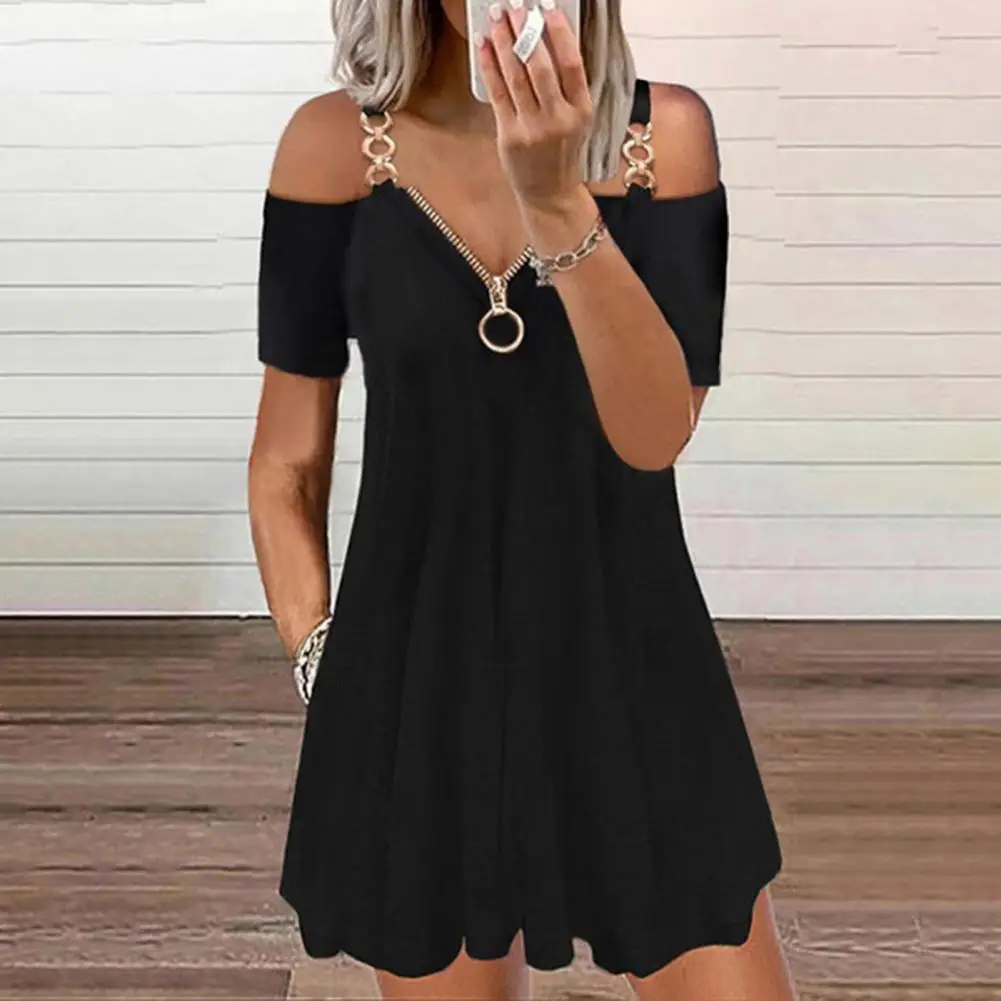 Plus Size Zipper V-Neck Short Sleeve Metal Shoulder Strap Pleated Hem A-Line Mini Dress Women Casual Cold Shoulder Swing Dress 6
