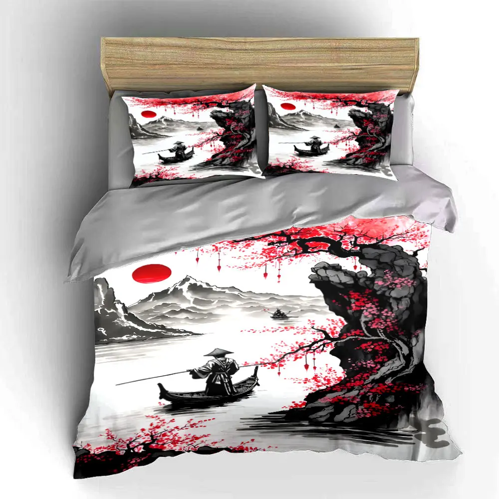 Elegant Red Plum, Ink Landscape Print Bedding Set 1 Duvet Cover 2 Pillowcases for Adult and Children Luxury Gift Full Size 5