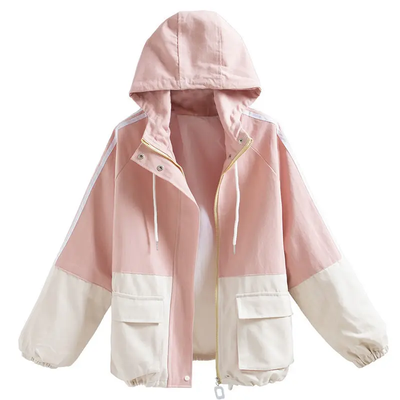 

Splicing Women's Clothing Spring And Autumn New Korean Version Loose All-match Hong Kong Style Hooded Tooling Baseball Unifor To
