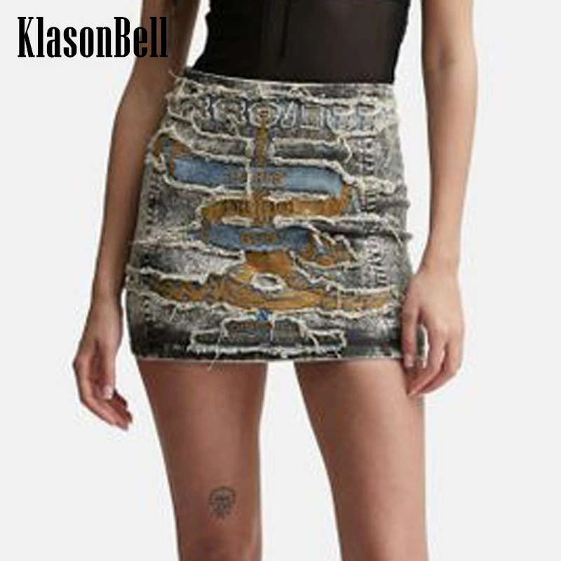 

11.6 KlasonBell Fashion Vintage Distressed Letter Embroidery Spliced Denim Mini Skirt Women's