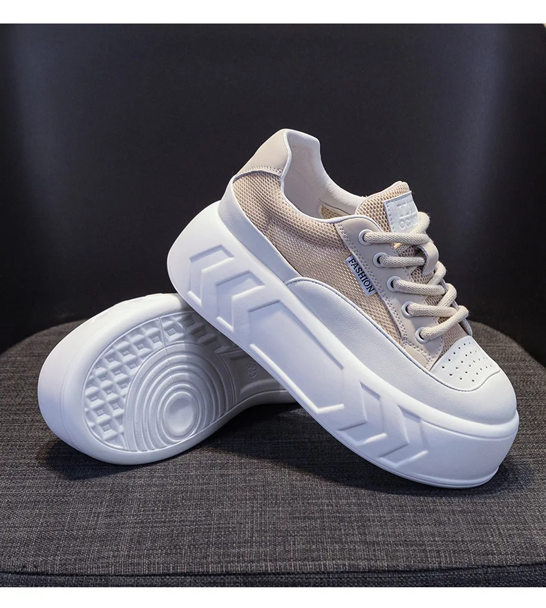 8cm Air Leather Chunky Sneakers with Thick-Soled Platform - true deals club