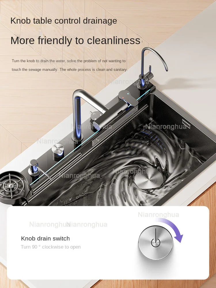 Embossed Honeycomb Flying Rain Waterfall Sink Handmade Kitchen 304 Stainless Steel Large Single Slot Vegetable Wash Basin Sink