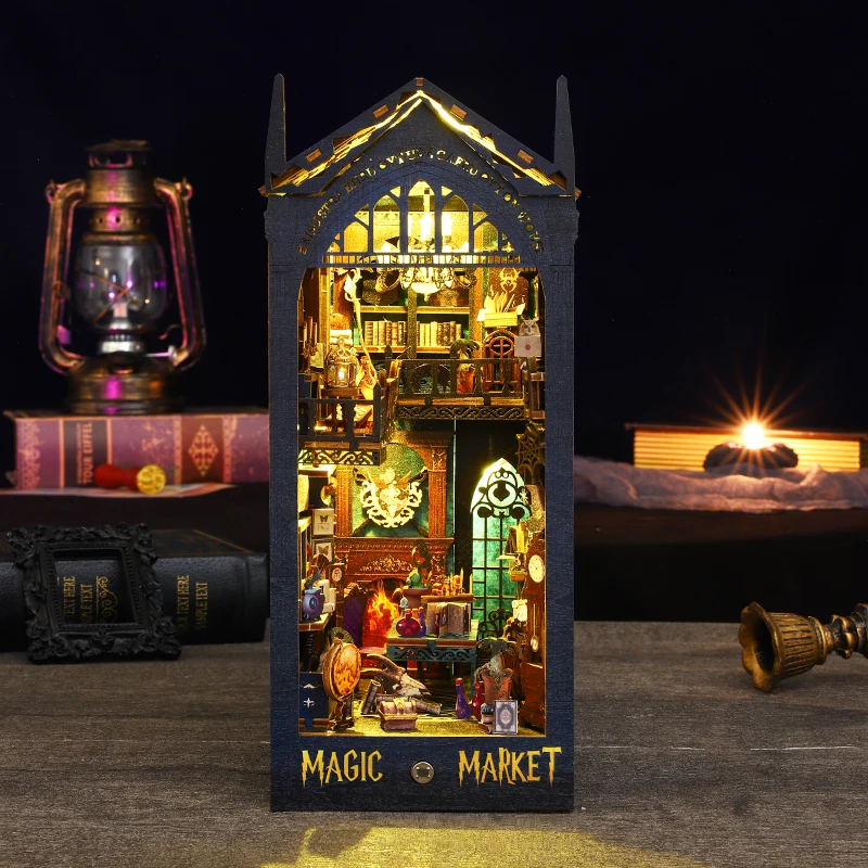 Neue Retro DIY Holz Buch Nook Regal Einsatz Miniaturen Kits Vintage Magic Market Home Buchs tütze Dekor für Erwachsene handgemachte Geschenke