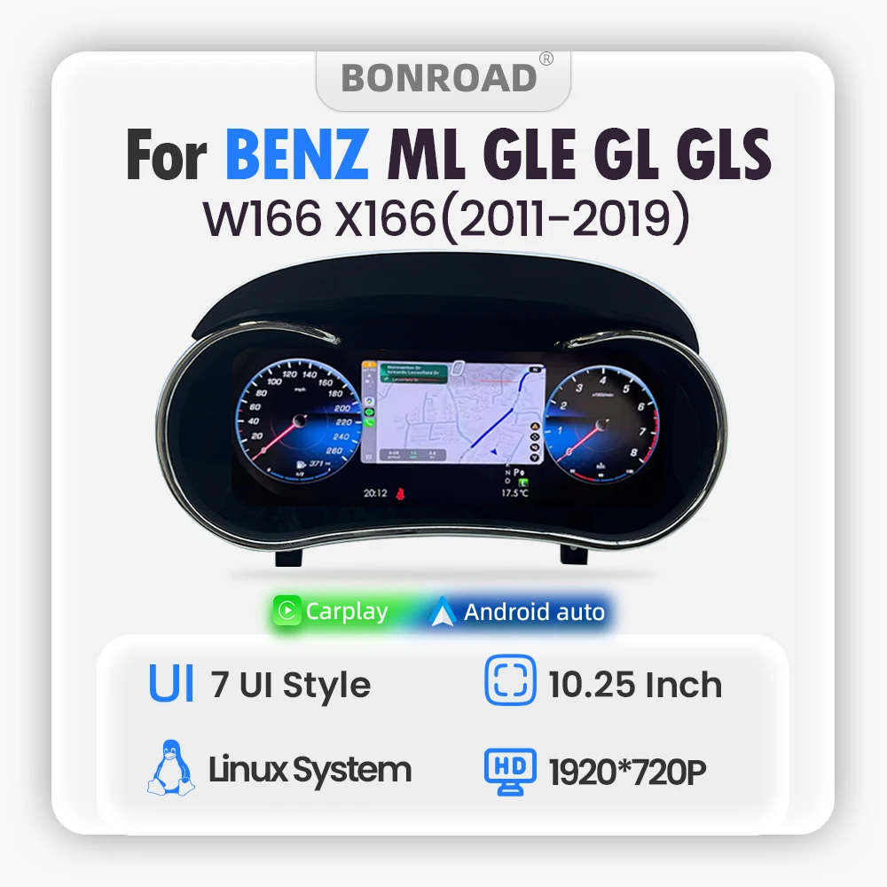 Panel de Instrumentos Digital LCD Inalámbrico CarPlay BONROAD con Linux 1920*720P, Android Auto para Benz ML GLE W166 GL GLE X116 2011-2019, Velocímetro, Navegación, Compatible con HDMI 1