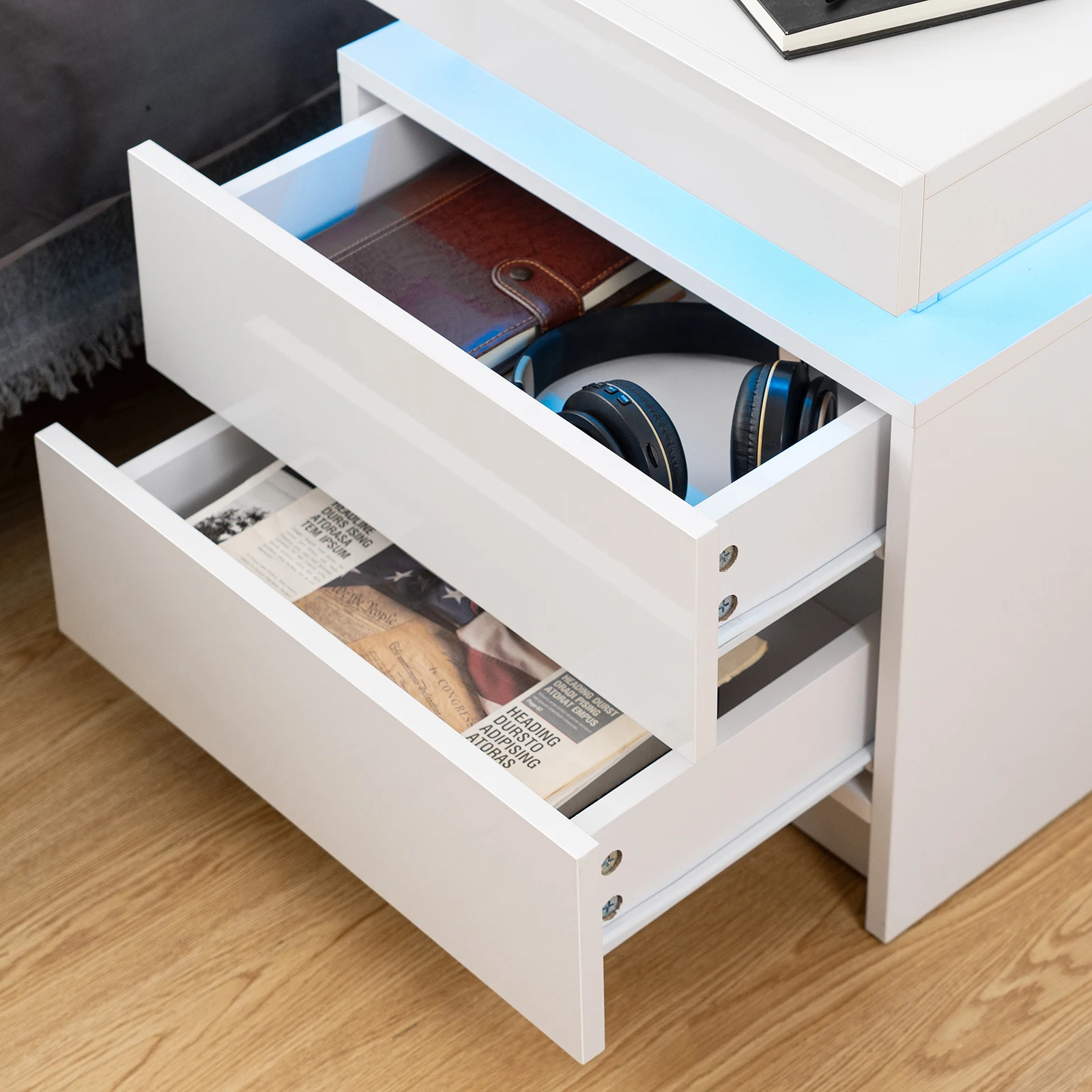Nightstand RGB LED Light Bedside Table Cabinet with 2 Drawer Bedroom High Gloss 3