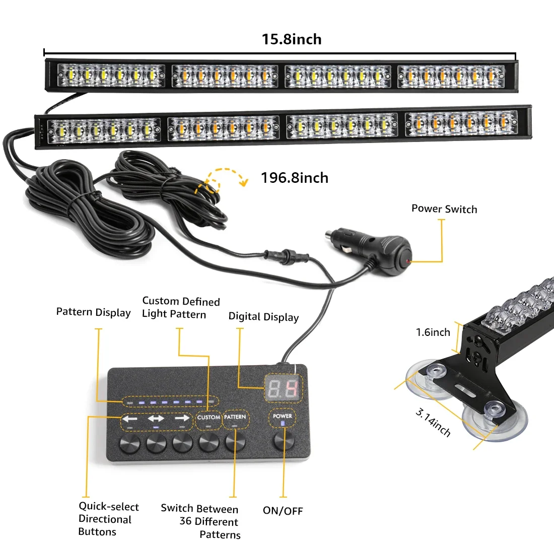 24 LED 2-in-1 Car Front Windshield Warning Lamp Bar Suction Cup Emergency Strobe Flashlight Traffic Police Light For Trucks 12V