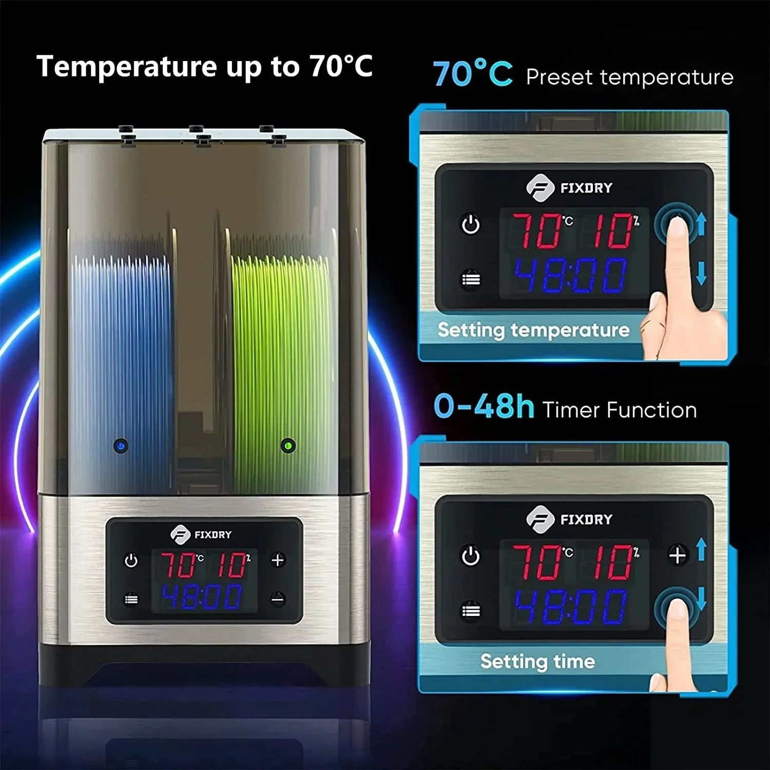 フィラメントドライヤーボックスFIXDRY-3D,2リール,110W,ptc