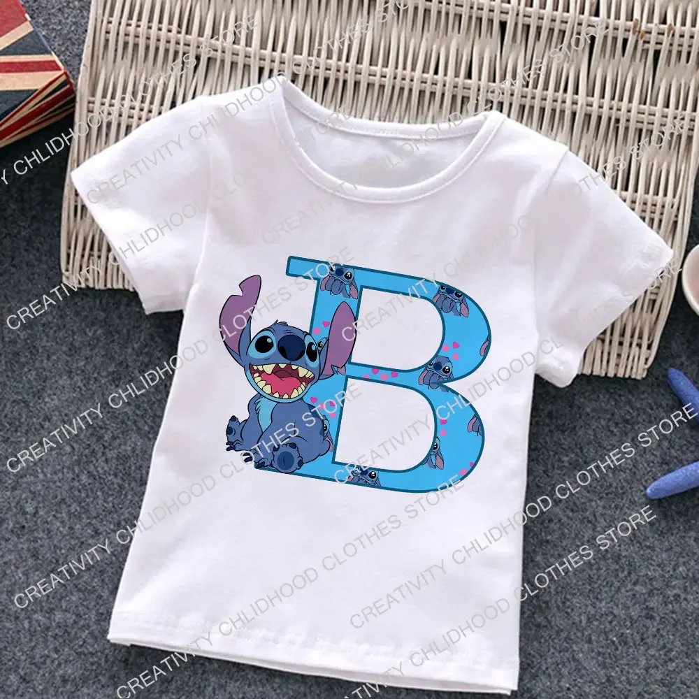 New Stitch Letter A B C D Children T-Shirt Name Combination Tee Shirts Cartoons Kawaii Kid Casual Clothes Girl Boy Harajuku Tops