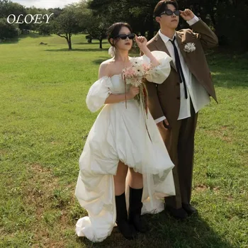 OLOEY Elegant High Low Wedding Party Dress Off Shoulder Puff Sleeves Ivory Satin Korea Photo Shoot Bridal Reception Gown Custom