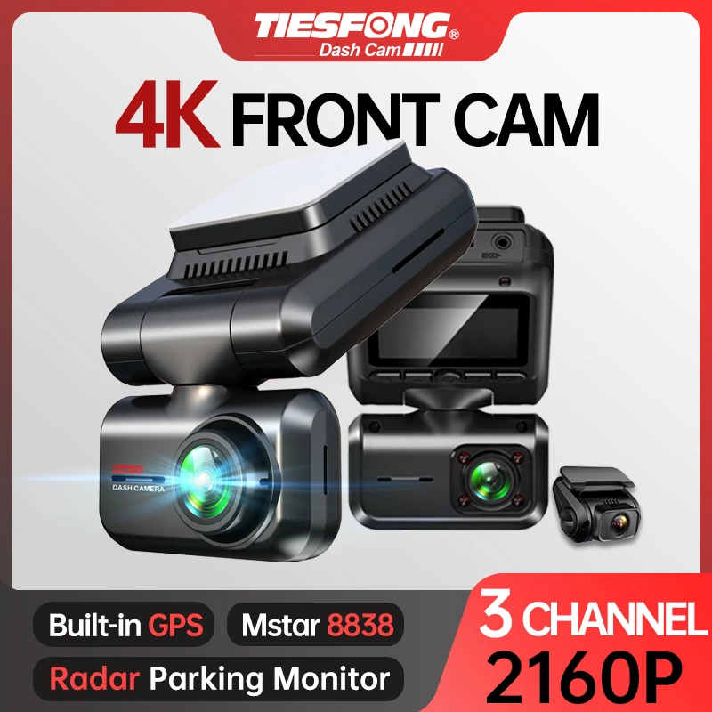 TiESFONG A7 Car GPS Dual Dash Cam 4K Front+1K Cabin Cam with Rear Cam for 3CH Auto Video Recorder Support 24H Parking Monitor