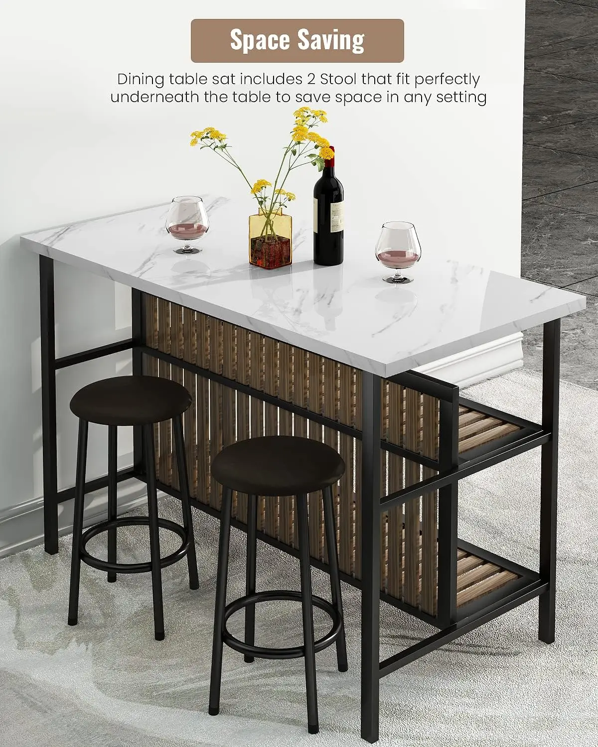 Kitchen Island with Seating & Storage Shelf, Faux Marble Island Table for Kitchen, Modern Bar Table and Chairs Set for 2,Di