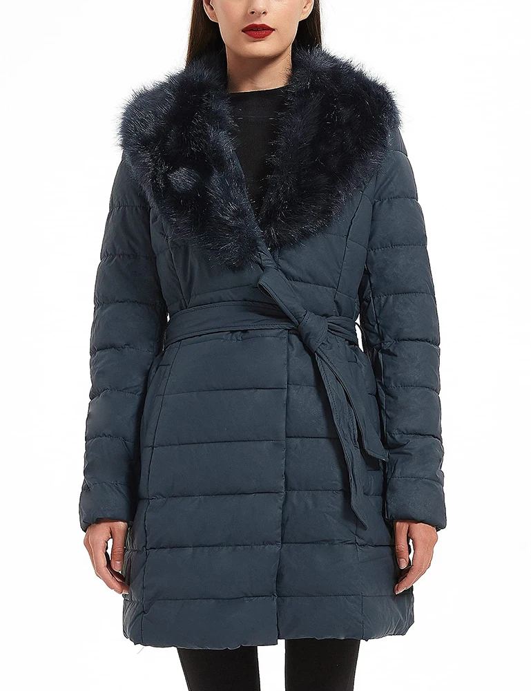 Giolshon Long Faux Leather Puffer Jacket Women Bubble Padding Coat Detachable Faux Fur Collar Down Coat Waterproof Outerwear