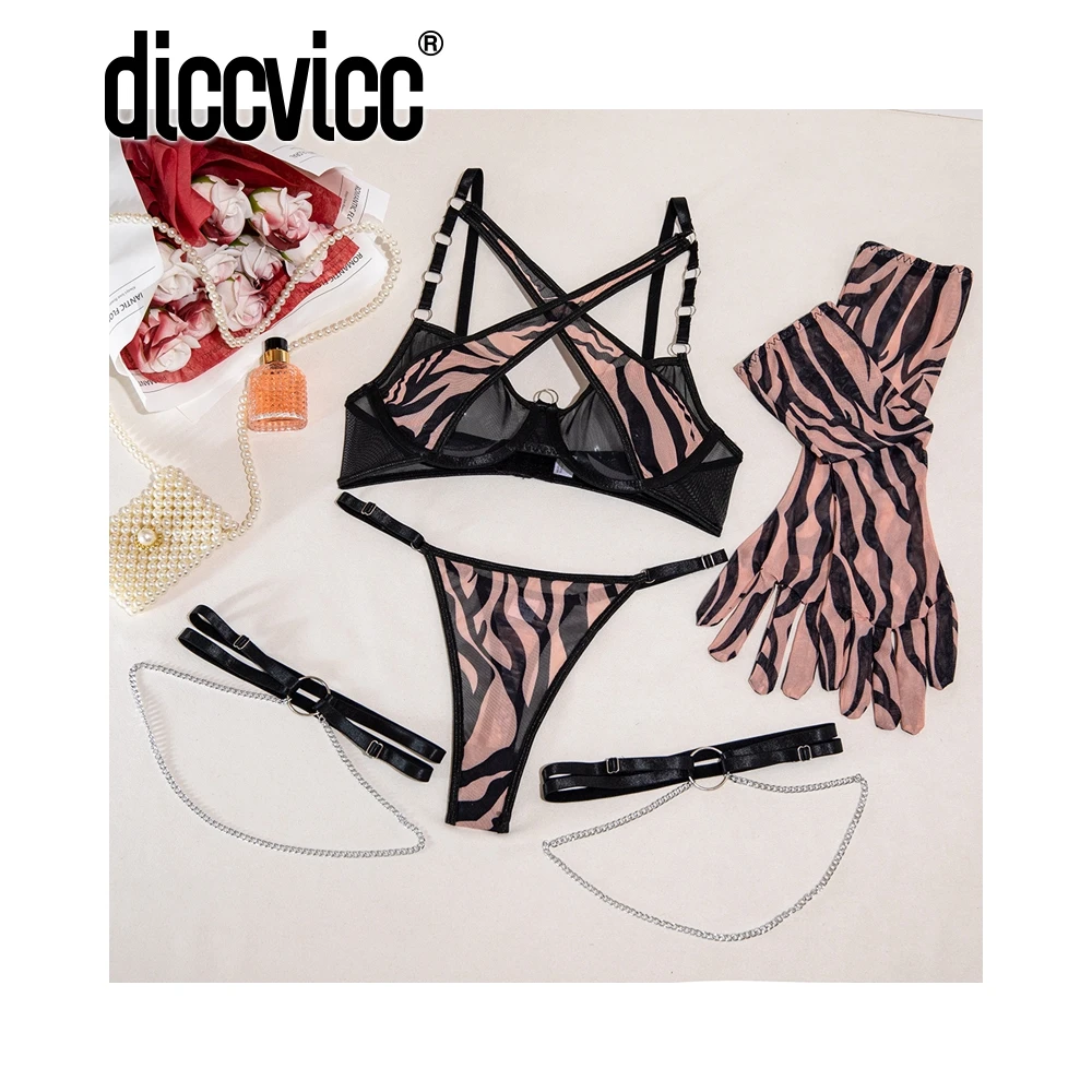 Diccvicc Pink Leopard Lingerie Cross Bandage Bra Briefs Set with Gloves See Through Women Underwear Sexy Outfit Exotic Costume