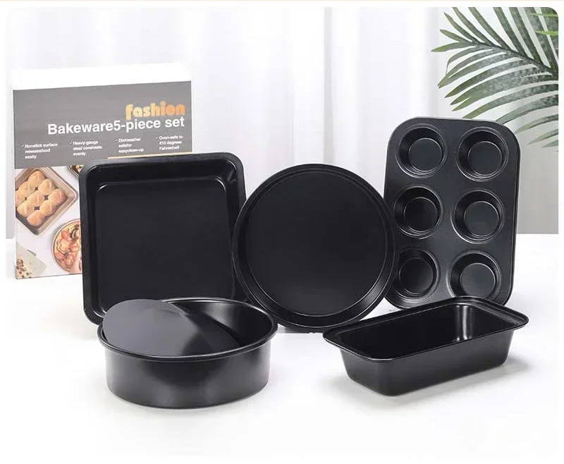 

5-Piece Nonstick Carbon Steel Oven Bakeware Baking Set Bread Loaf Pan Baking Set with Muffin Cake Pizza Pan Perfect Baking Pan