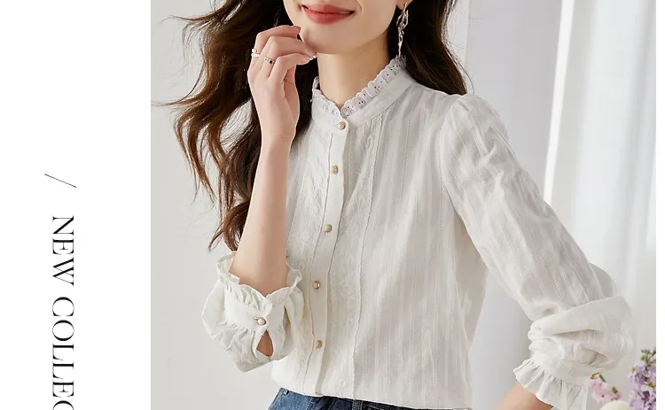 VIMLY Französische Stehkragenblusen für Damen 2026 Herbst Neu Rüschen Pendler-Blusen Bestickte Einfarbige Langarm-Damenoberteile V7990 – Detail 26
