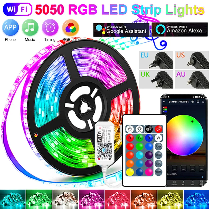 LED 스트립 라이트, RGB 5050 음악 동기화 색상 변경, 민감한 내장 마이..