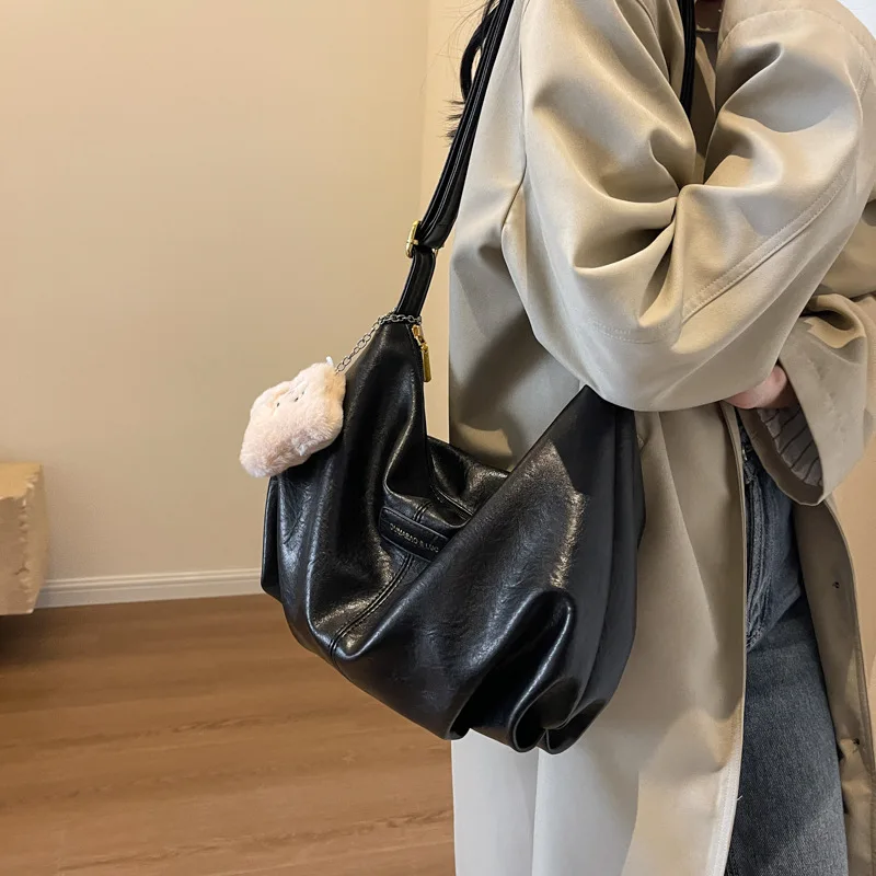 Autumn Crinkle-Texture Shoulder Bag Women's Convertible Messenger Tote with Spacious Storage Multi-Functional Pouch-Style Purse