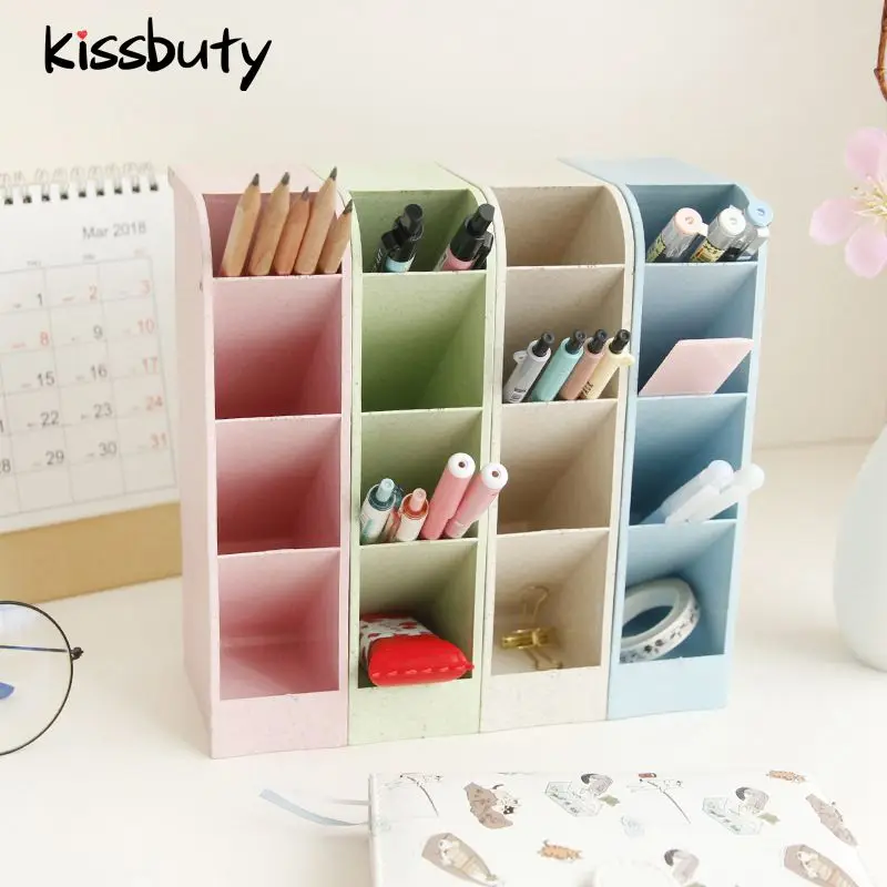 Colored Creative Multifunctional 4 Grid Desktop Organizer Pen Holder Makeup Storage Box School Office Accessories Stationery