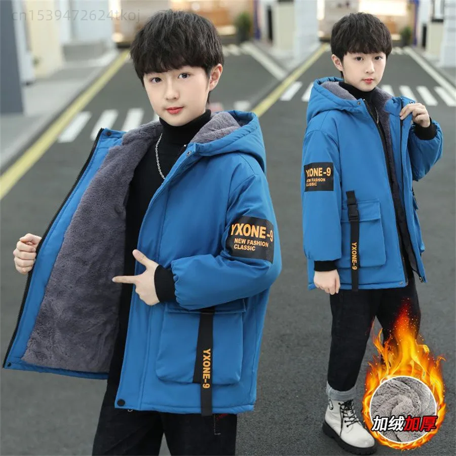 

2023Winter new children' winter clothes Teenager black fashion hooded down jacket Boys windproof thick warm long coat