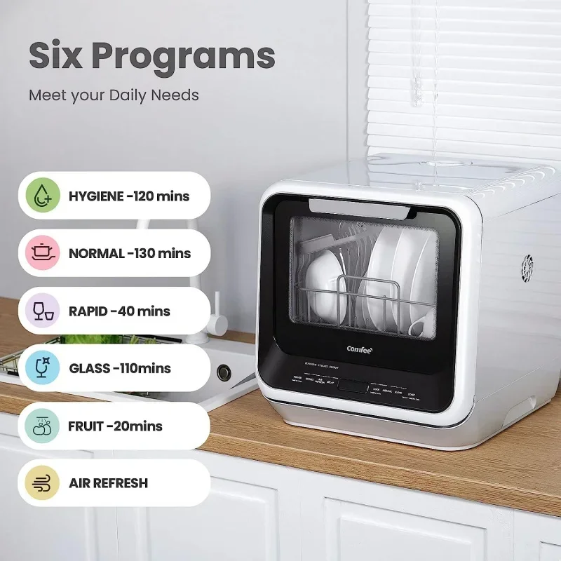 QWCOMFEE'Portable Mini Dishwasher with 5L Built-in Water Tank 6 Programs,360° Dual Spray,192℉ High-Temp& Air-Dry Function 6