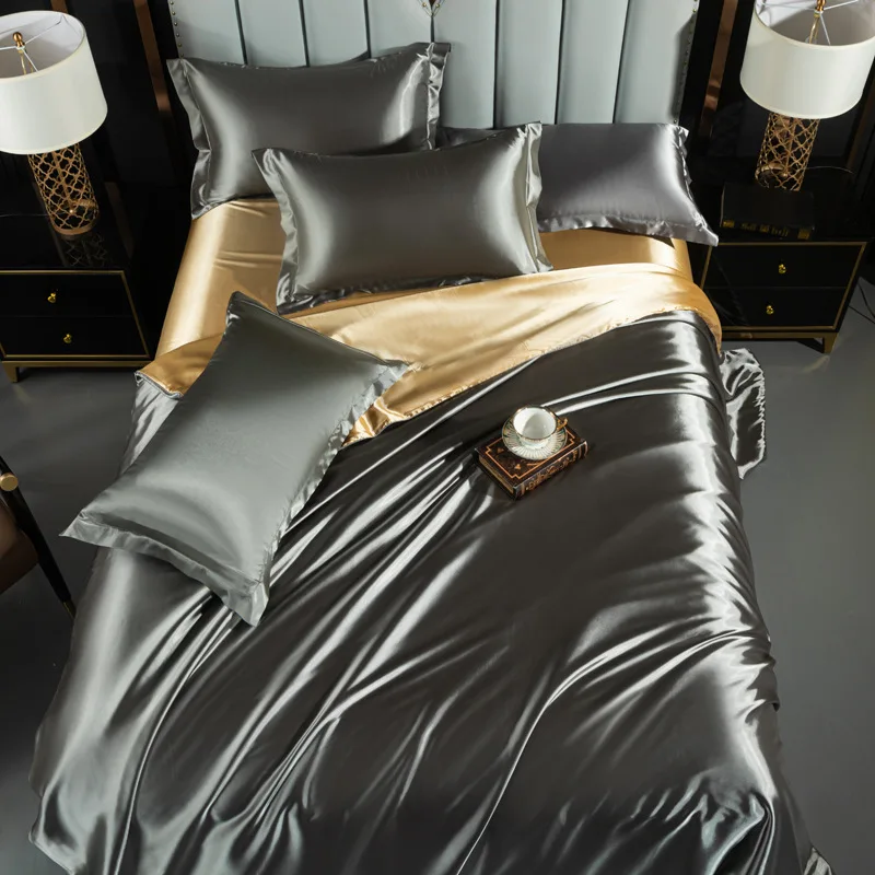 A/B Double-Sided Color Bedding Set Silky Satin Duvet Cover Bed Sheet Pillowcase Luxury Bedsheet King Queen Double Twin Size