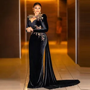Винтажное черное платье BridalAffair, вечернее платье с красивой аппликацией, с цветами и бусинами, официальное платье со шлейфом Aso Ebi