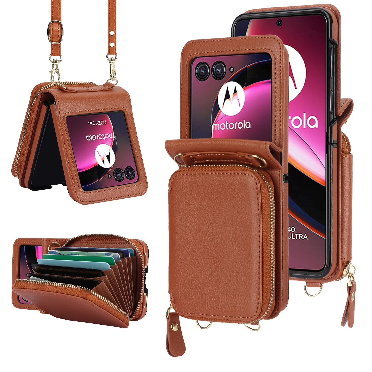 Crossbody Zipper Card Slot Leather Wallet Case with Long Lanyard and RFID Protection