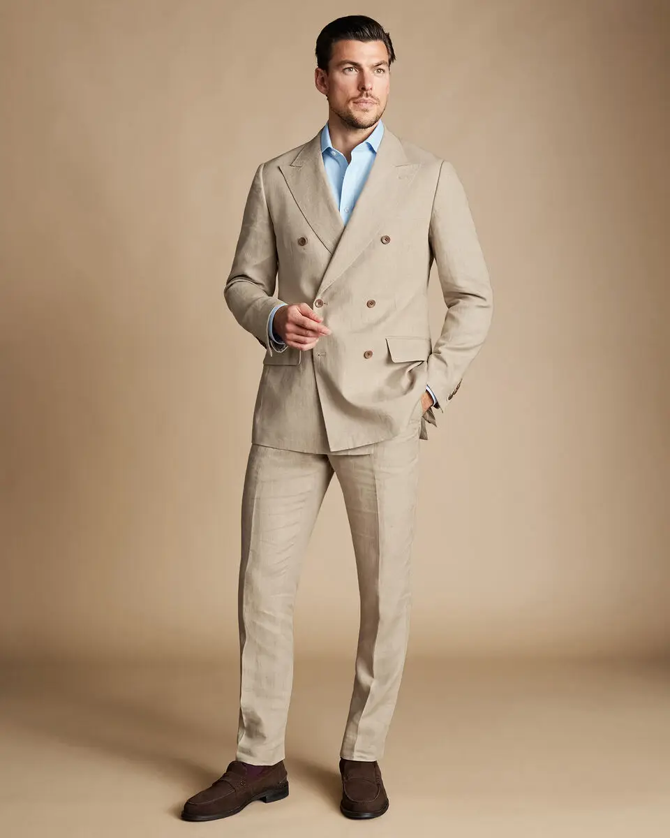 Khaki Summer Linen Elegant Men Suit Smart Casual Double Breasted Slim Fit Blazer High Quality Custom 2 Piece Set Costume Homme